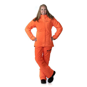 Woman wearing bright orange DSG Outerwear jacket and pants