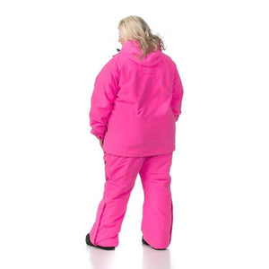Back view of a woman wearing a bright pink DSG Outerwear snow jacket and matching snow pants