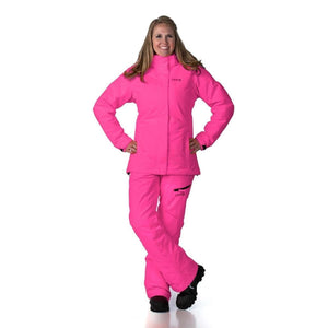 Woman wearing a bright pink DSG Outerwear jacket and matching snow pants