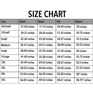 DSG Outerwear size chart showing chest waist hip and sleeve measurements for sizes XX-Small through 5XL