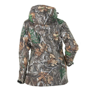 Back view of DSG Outerwear hooded hunting jacket in Realtree camouflage pattern