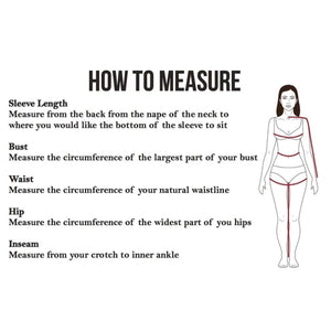 DSG Outerwear size guide showing how to measure sleeve length bust waist hip and inseam on a female figure