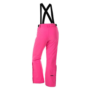 Back view of pink DSG Outerwear snow pants with black suspenders