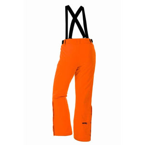 Back view of bright orange DSG Outerwear snow pants with black suspenders