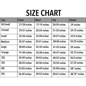 DSG Outerwear size chart showing chest waist hip and sleeve measurements for sizes XX-Small to 5XL