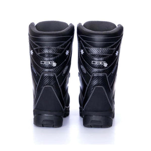 Back view of black DSG Outerwear winter boots with white snowflake graphics