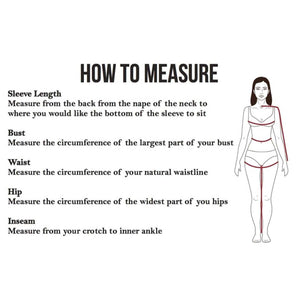 Diagram showing how to measure sleeve length bust waist hip and inseam on a female figure