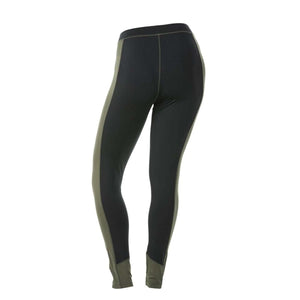 Black and olive green athletic leggings viewed from the back