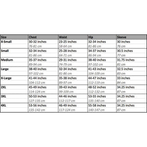 DSG Outerwear size chart showing chest waist hip and sleeve measurements in inches and centimeters