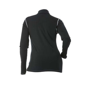 Back view of a black long sleeve mock neck shirt with white contrast stitching