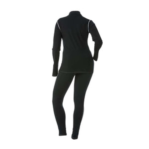 Back view of a black long sleeve base layer top and matching leggings with white contrast stitching