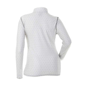 Back view of a white long sleeve mock neck top with a grey geometric cube pattern