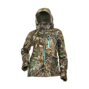 DSG Outerwear camo hooded jacket with teal zipper accents