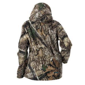 Back view of DSG Outerwear hooded jacket in tree bark camouflage pattern