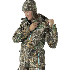 Woman wearing DSG Outerwear camo jacket and beanie