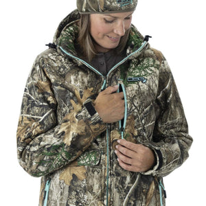 Woman wearing DSG Outerwear camouflage jacket and matching beanie