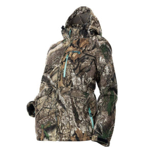DSG Outerwear camo hunting jacket with hood and teal zipper accents