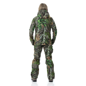 Person wearing a hooded camouflage jacket and matching pants from the back