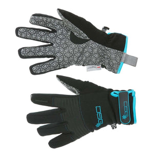 DSG Outerwear black and grey geometric print winter gloves with blue trim and adjustable wrist straps