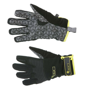 DSG Outerwear black and grey geometric print gloves with yellow trim and adjustable wrist strap