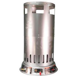Silver cylindrical propane radiant heater with control knobs at the base