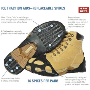 Due North ice traction aids with replaceable spikes on a work boot showing tread design and spike placement
