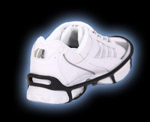 Due North traction aid attached to the heel of a white athletic shoe