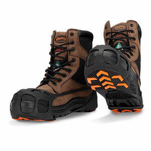 Pioneer brown leather work boots with black rubber ice cleats attached