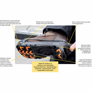 Slip-on ice traction cleats for boots with orange chevron grips and pull tab
