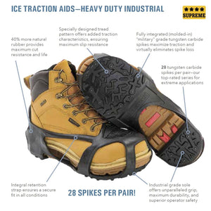 Due North heavy duty industrial ice traction aids on a work boot with feature callouts