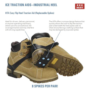HTA Easy Flip industrial heel traction aid with replaceable spikes attached to a work boot