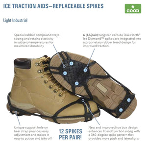Due North ice traction aids with replaceable spikes on a work boot showing features and design