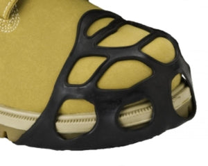Black rubber toe cap protector on a tan work boot