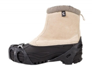 Beige suede winter boot with black rubber ice traction cleats attached
