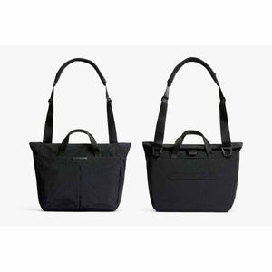 Front and back view of a black Bellroy tote bag with shoulder strap and handles