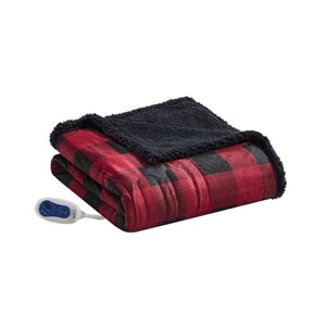 Red and black buffalo plaid heated throw blanket with black sherpa lining and controller