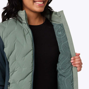 Mobile Warming green quilted vest with topographic map interior lining