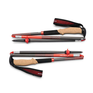 Black Diamond foldable carbon trekking poles with cork grips and red accents
