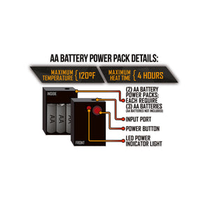 ActionHeat AA battery power pack diagram showing components and specifications