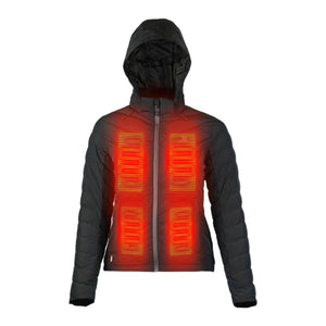 Mobile Warming black hooded jacket with four glowing red heating panels on the chest