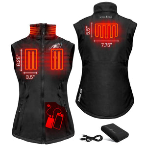 ActionHeat Philadelphia Eagles heated vest showing heating element dimensions and battery pack
