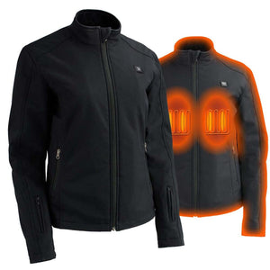 Black softshell heated jacket with visible heating elements highlighted in orange