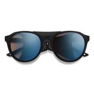 Black frame sunglasses with blue reflective photochromic lenses
