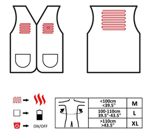 Glovii heated vest technical diagram showing heating zones and sizing chart