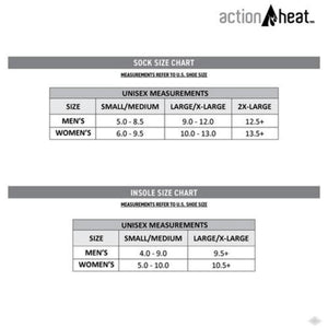 ActionHeat sock and insole size chart showing US shoe size conversions for men and women