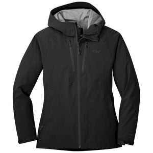 Outdoor Research black hooded waterproof jacket with front zipper and chest pockets