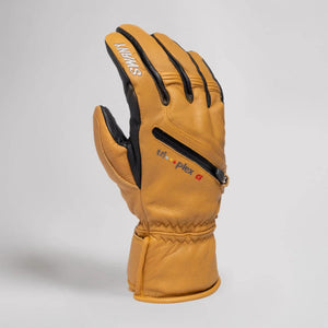 Swany tan leather ski glove with black accents and a zippered pocket on the back of the hand