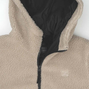 Mobile Warming beige sherpa fleece hoodie with black interior lining and front zipper