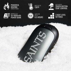 ActionHeat Saints branded hand warmer in snow with feature icons for heating power bank and temperature control