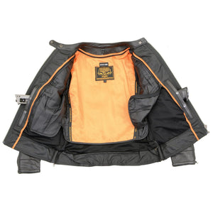 Milwaukee Leather black motorcycle jacket with orange zip out liner and interior gun pockets